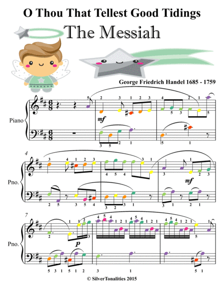 O Thou That Tellest Good Tidings Messiah Easy Piano Sheet Music with Colored Notes (arr. SilverTonalities)