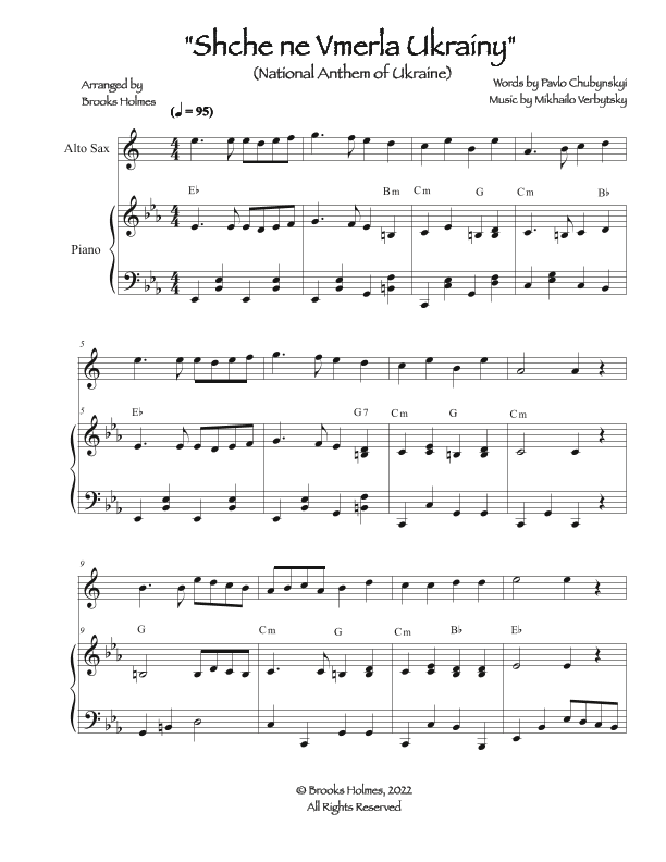 National Anthem Of Ukraine - Schche ne Vmerla Ukrainy (Alto Sax & Piano) Ukrainian (arr. Brooks Holmes)
