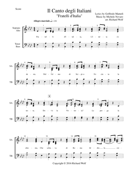 Italian National Anthem ("Fratelli d'Italia" / "Il canto degli Italiani" / "Inno di Mameli") (arr. Richard Wolf)