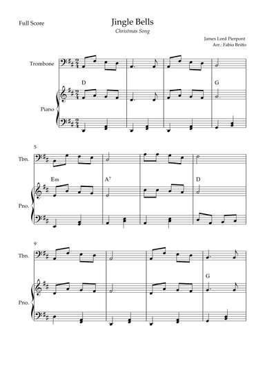 Jingle Bells (Christmas Song) for Trombone Solo and Piano Accompaniment with Chords (arr. Fabio Britto)
