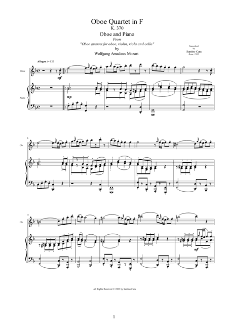 Mozart - Oboe quartet in F major K370 - 1 Allegro - Oboe and Piano (arr. Santino Cara)