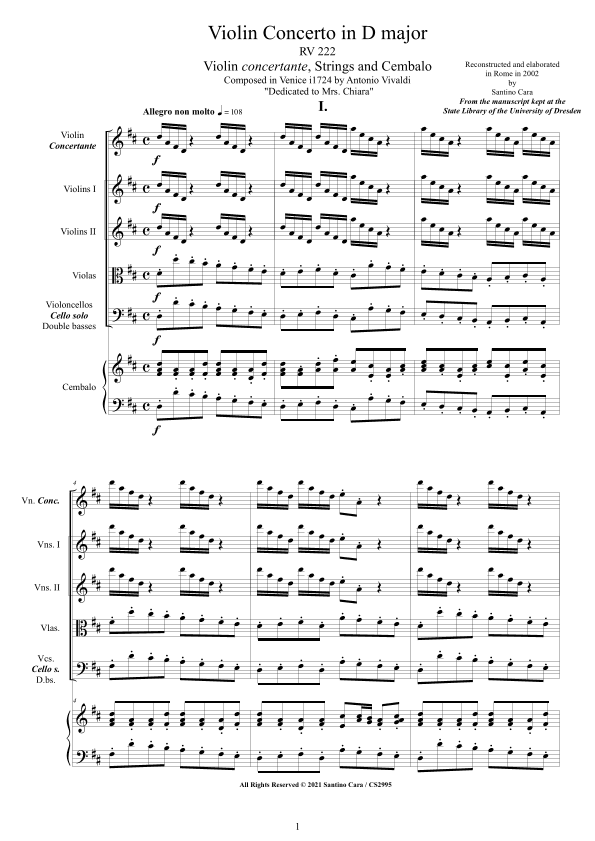 Vivaldi - Violin Concerto in D major RV 222 for Violin, Strings and Cembalo (arr. Santino Cara)