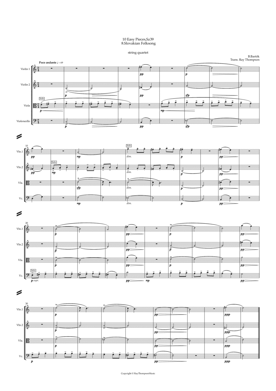 Bartók: 10 Easy Pieces , Sz.39  8.Slovakian Folksong -  string quartet (arr. Ray Thompson)