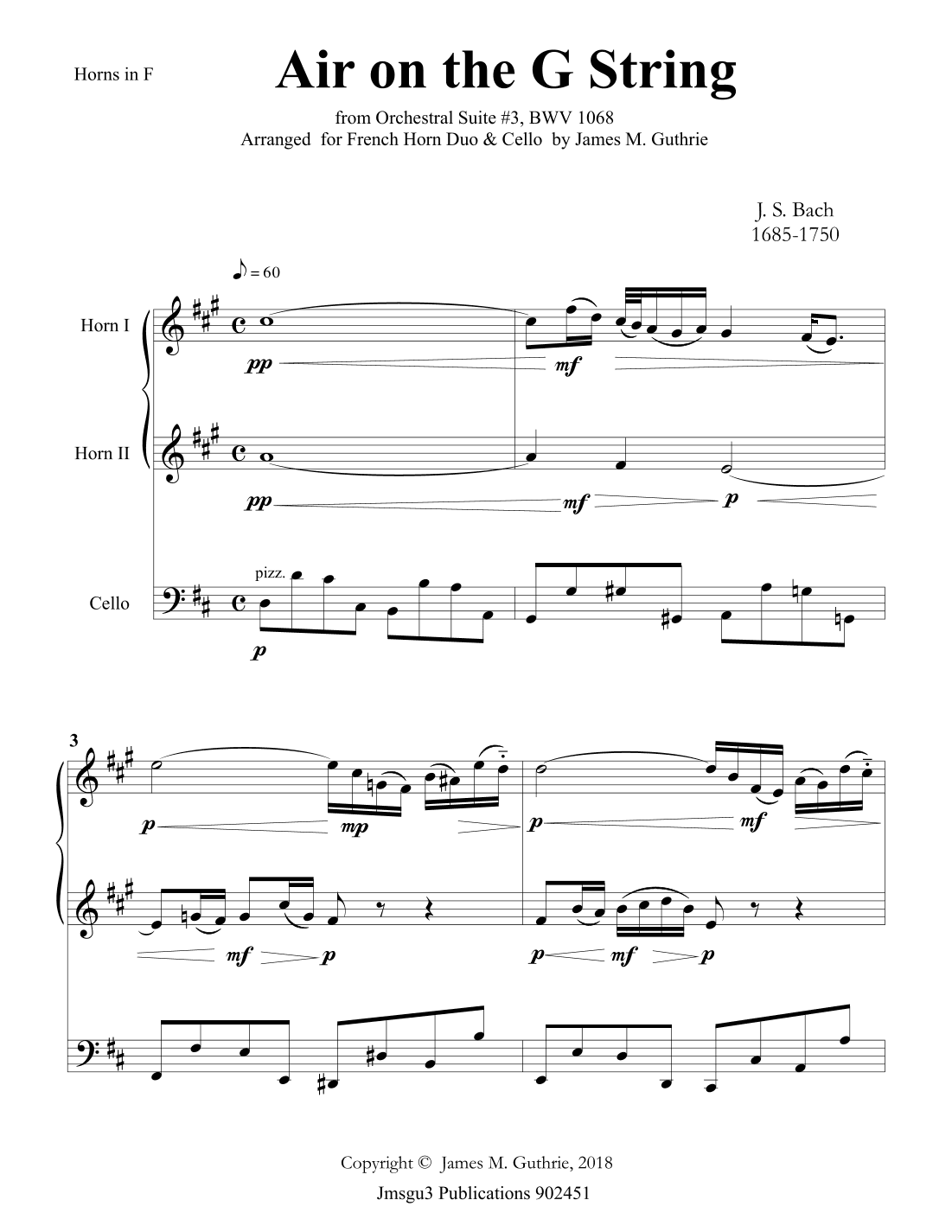 Bach: Air on the G String for French Horn Duo & Cello (arr. James M. Guthrie)