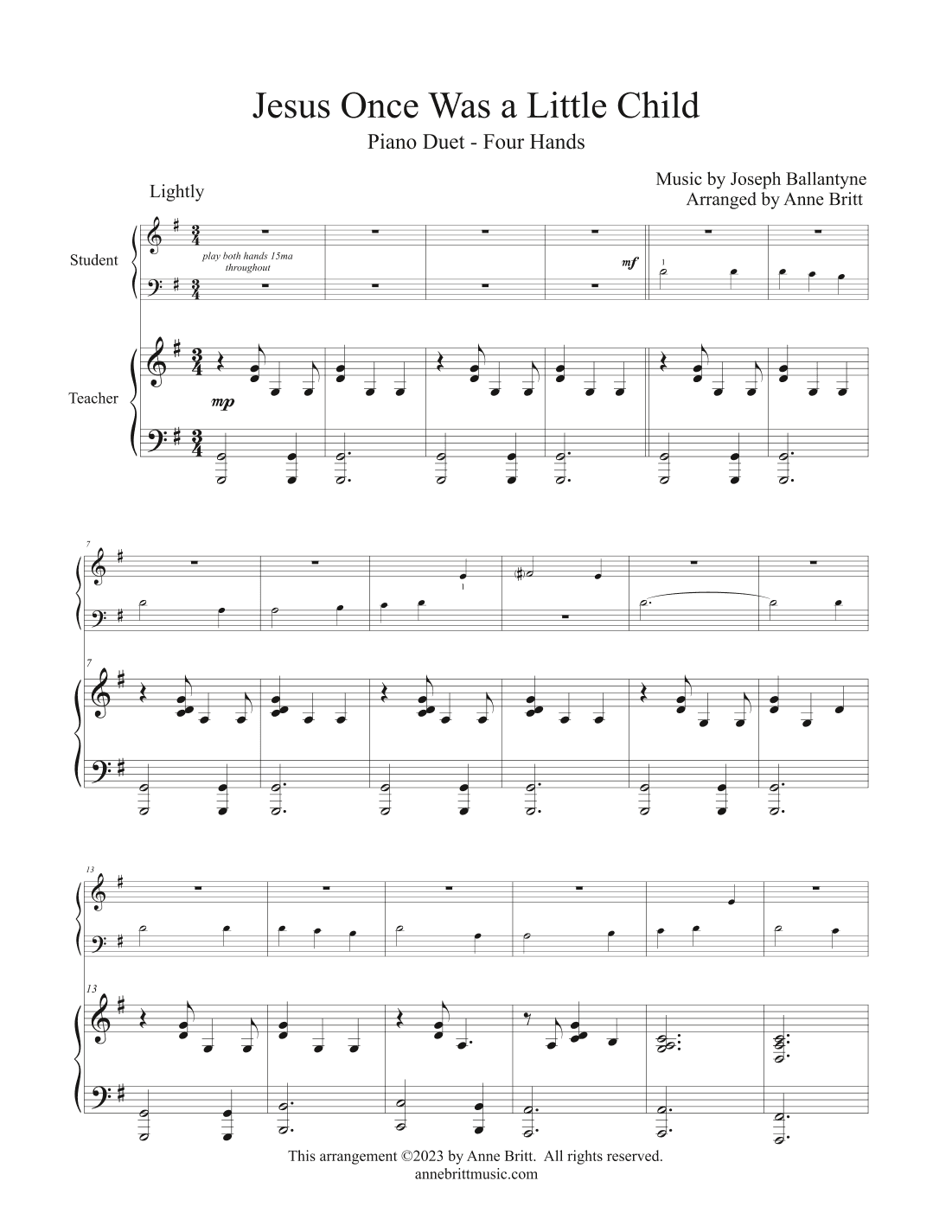 Jesus Once Was a Little Child (elementary student/teacher piano duet) (arr. Anne Britt)