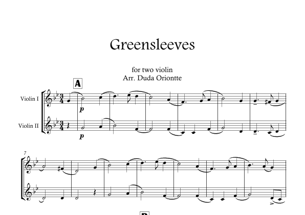 Greensleeves (Green Leeves) VIOLIN DUO. (English folk music, broadside) BEGINNER (arr. Duda Oriontte)