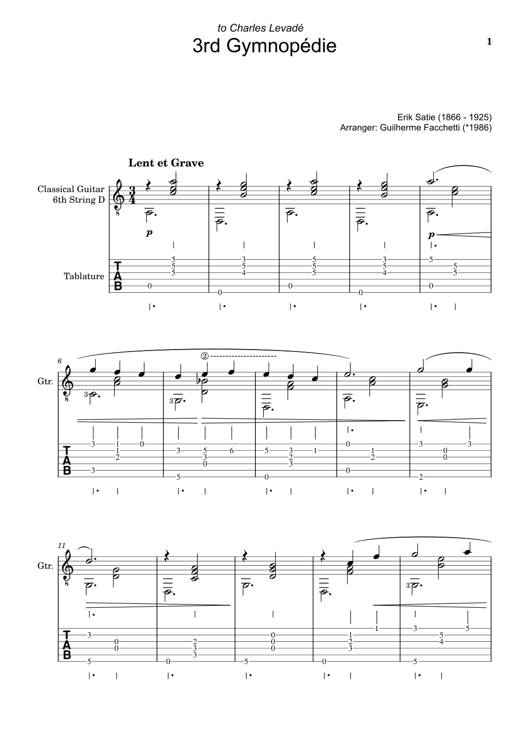 Erik Satie - 3rd Gymnopédie. Arrangement for Classical Guitar. Score and Tablature (arr. Guilherme Facchetti)