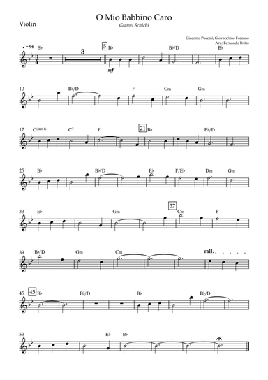 O Mio Babbino Caro (Puccini) for Violin Solo with Chords (arr. Fernando Britto)