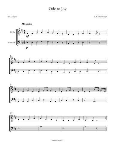 ode to joy sheet music | violin and bassoon | d major (arr. Arezzo Music)