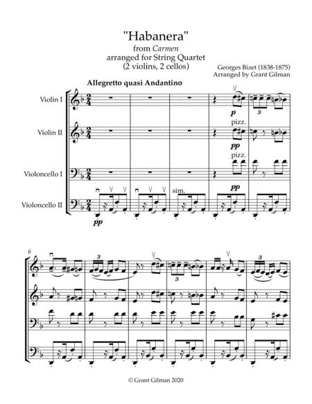 "Habanera" from Bizet's Carmen - for Unique String Quartet: 2 violins, 2 Cellos - Score & Parts (arr. Grant Gilman)