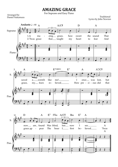 Amazing Grace (for soprano vocal with easy piano) (arr. Daniel Nakamura)