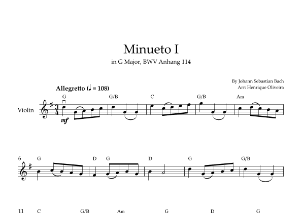 Minueto I in G Major, BWV Anhang 114 (Violin + Chords) (arr. Henrique Oliveira)
