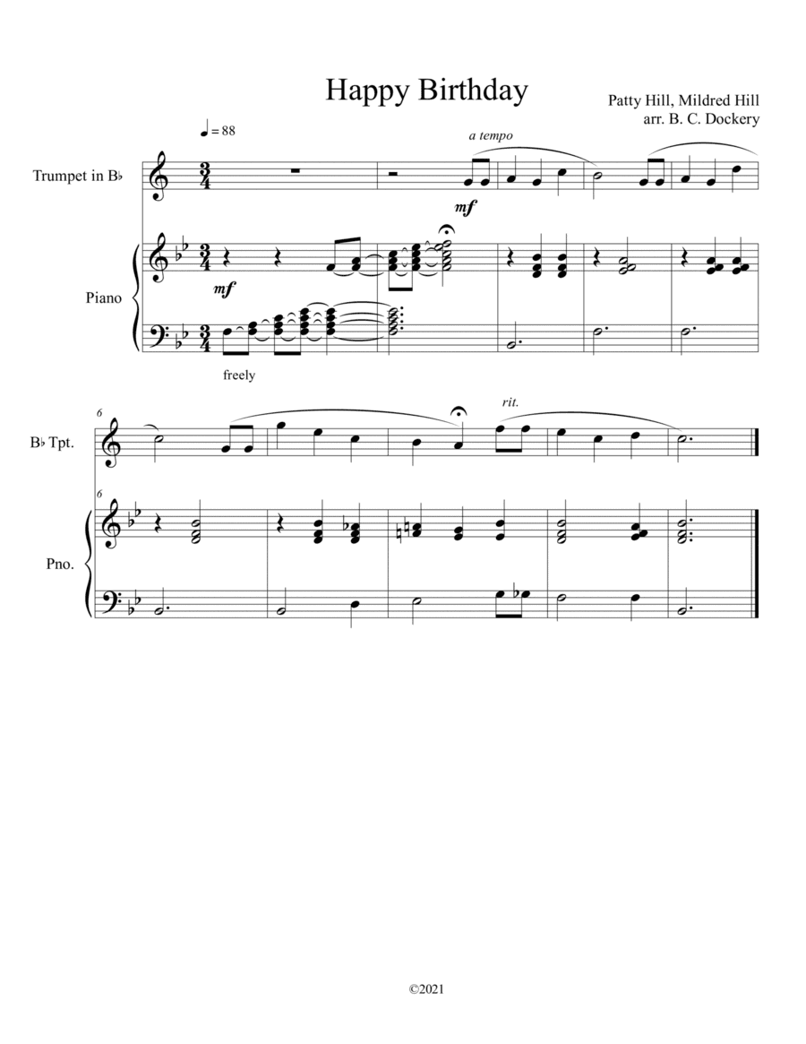 Happy Birthday for Solo Trumpet and Piano Accompaniment (arr. B. C. Dockery)