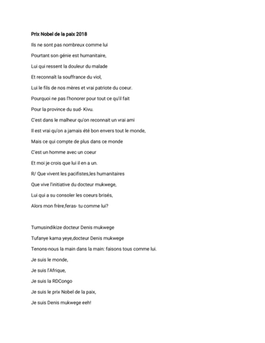 Bonsoir il s'agit d'une chanson faite pour le lauréat du prix Nobel de la paix 2018 .Une chanson qu