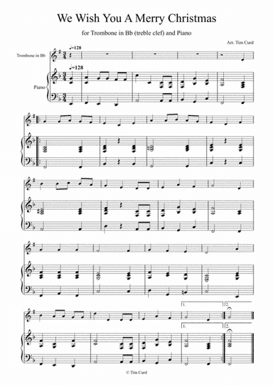 We Wish You a Merry Christmas for Trombone in Bb (treble clef) and Piano (arr. Tim Curd)