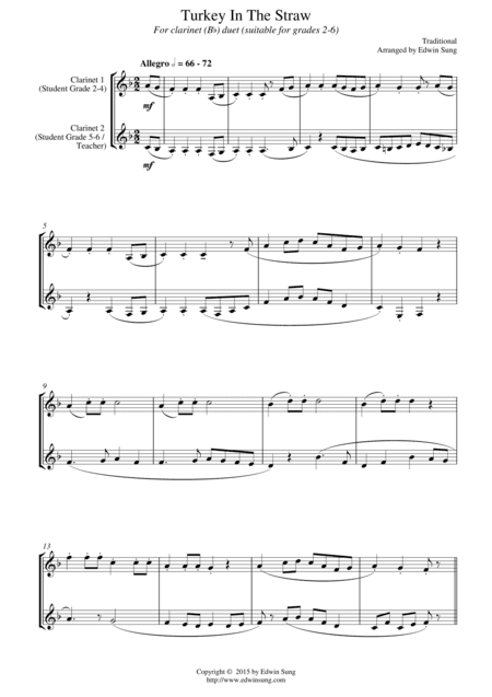 Turkey In The Straw (for clarinet (Bb) duet, suitable for grades 2-6) (arr. Edwin Sung)