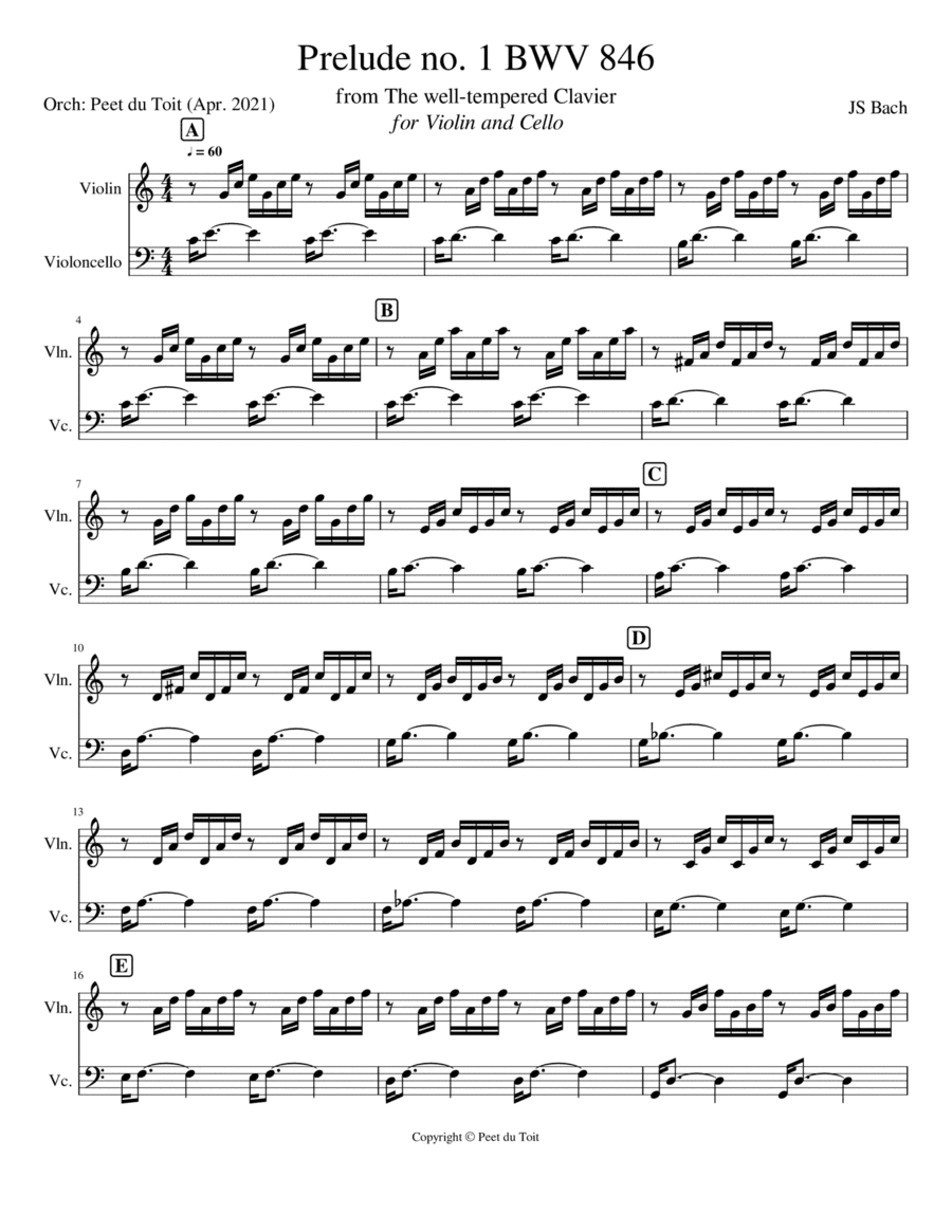 Prelude no. 1 BWV 846 - JS Bach (Violin & Cello) (arr. Peet du Toit)