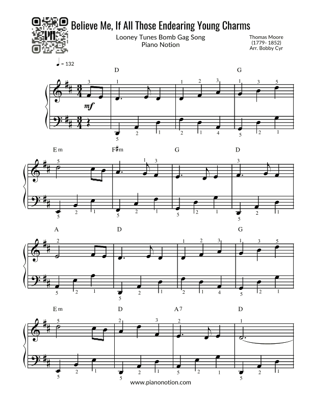 Believe Me, If All Those Endearing Young Charms - Looney Tunes Bomb Gag Song (Easy Piano) (arr. Bobby Cyr)
