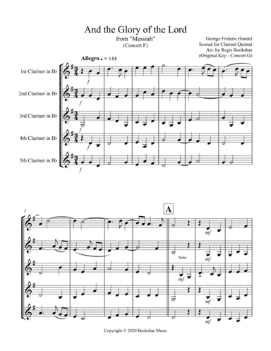 And the Glory of the Lord (from "Messiah") (F) (Clarinet Quintet) (arr. Regis Bookshar)