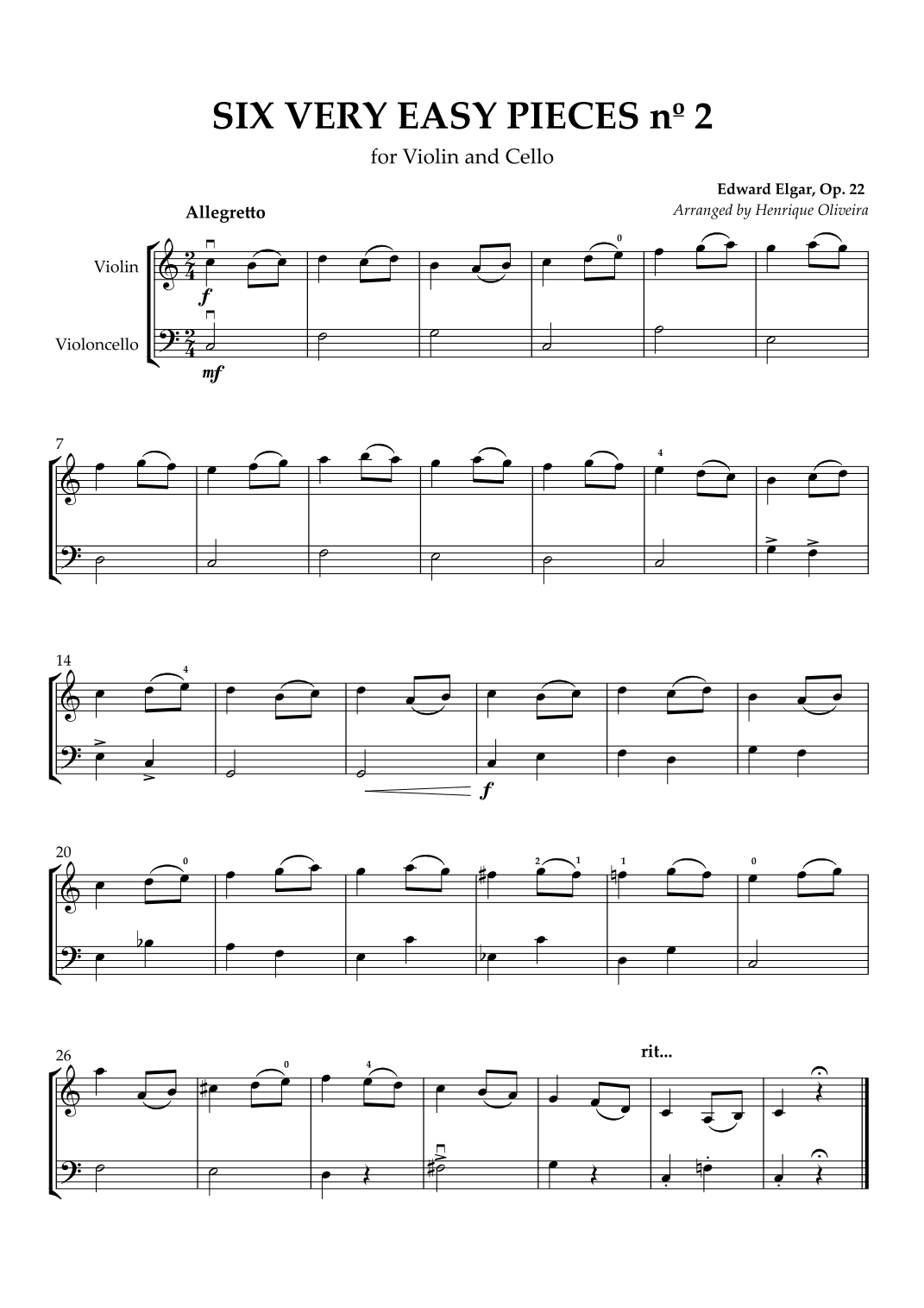 Six Very Easy Pieces nº 2 (Allegretto) - Violin and Cello (arr. Henrique Oliveira)
