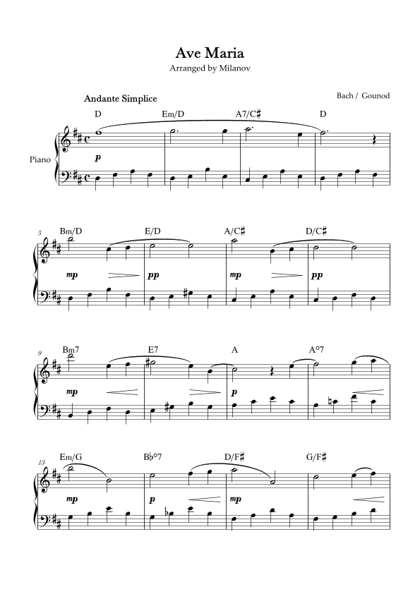 Ave Maria Bach Gounod in D Easy Intermediate Piano Chord (arr. Milanov)