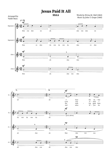 Jesus Paid It All - SSAA Quartet or Choir (arr. Valdir Maia)