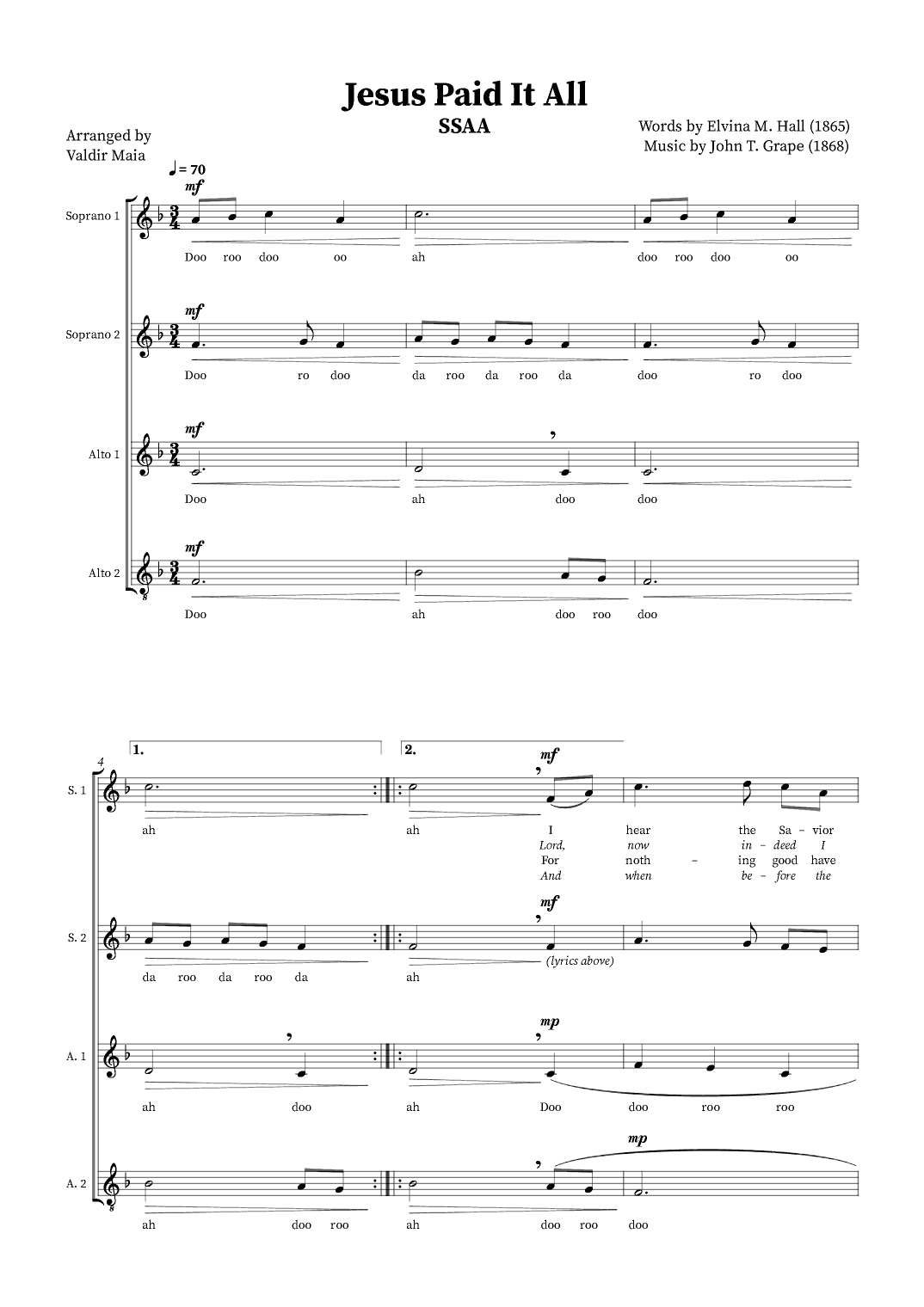 Jesus Paid It All - SSAA Quartet or Choir (arr. Valdir Maia)