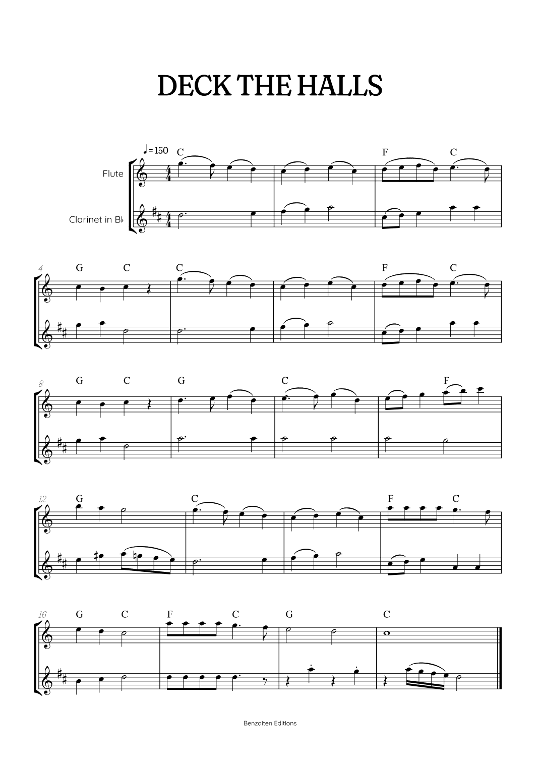 Deck the Halls for flute and clarinet duet • intermediate Christmas song sheet music with chords (arr. Benzaiten Editions)