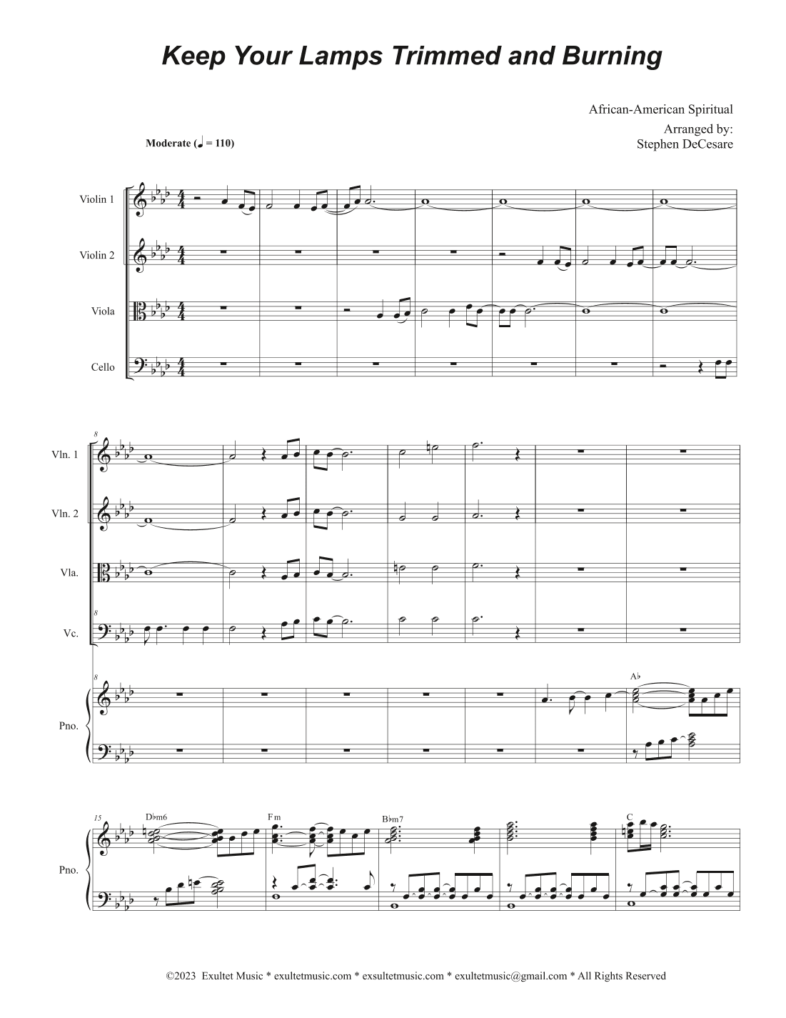 Keep Your Lamps Trimmed And Burning (String Quartet and Piano) (arr. Stephen DeCesare)