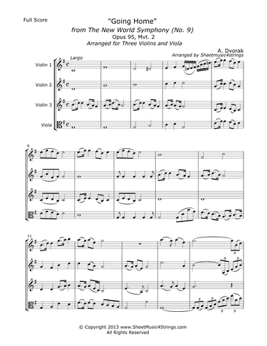 Dvorak, A. - "Going Home" from the New World Symphony for 3 Violins and Viola