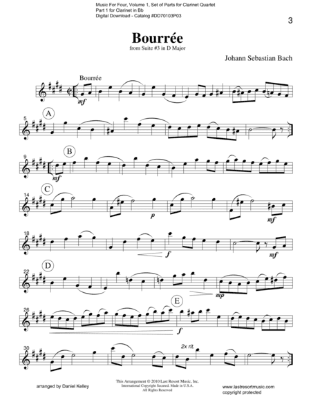 Bourree from Suite #3 in D Major (Clarinet Quartet) (arr. Last Resort Music Publishing)