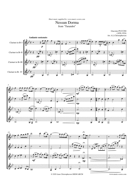 Nessun Dorma - Clarinet Quartet (arr. Anne L Christopherson GRSM ARCM)