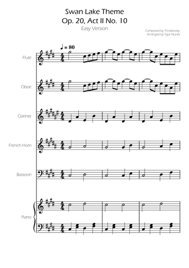 Swan Lake (theme) - Tchaikovsky - Woodwind Quintet w/ Piano Accompaniment (arr. Ygor Nunes)