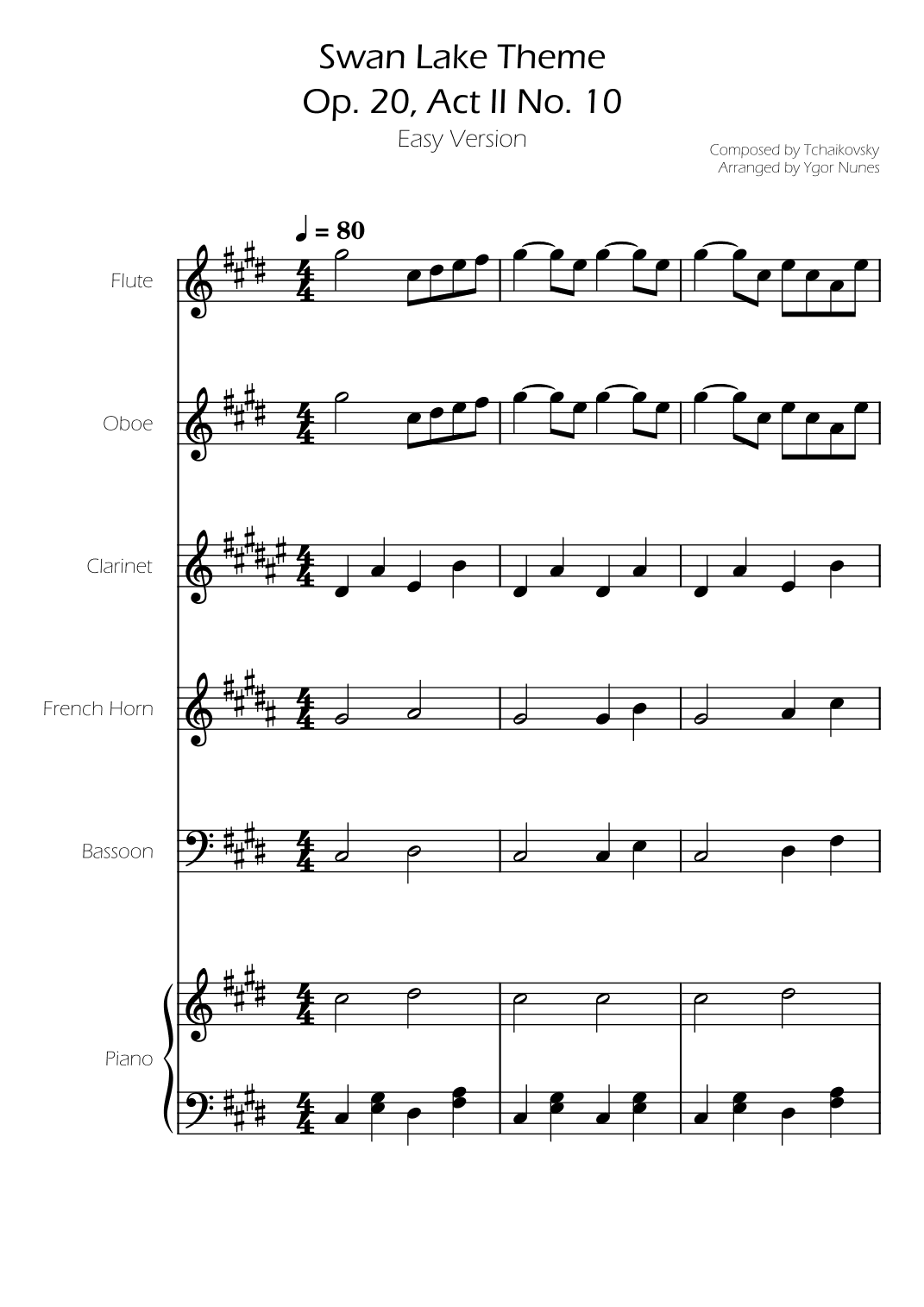 Swan Lake (theme) - Tchaikovsky - Woodwind Quintet w/ Piano Accompaniment (arr. Ygor Nunes)