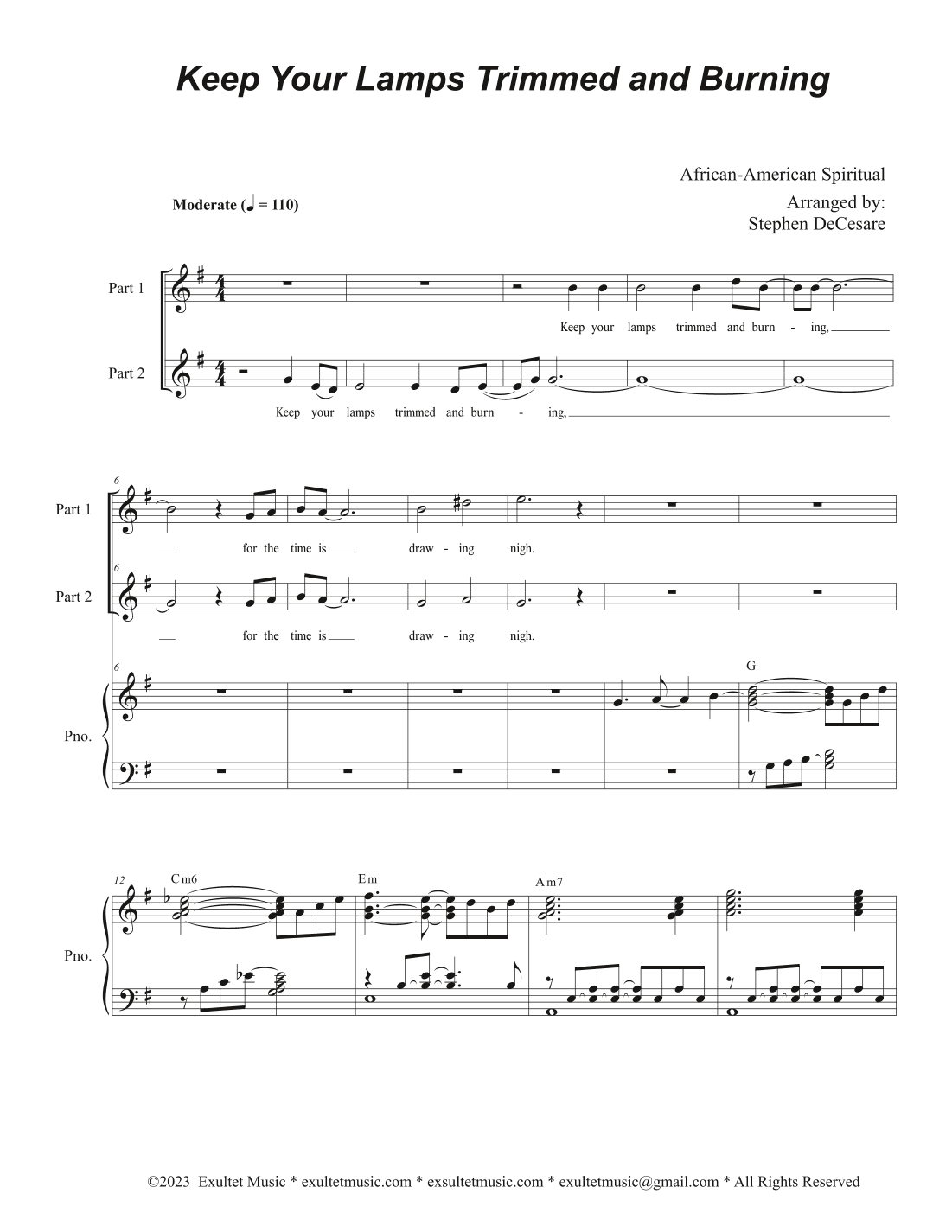 Keep Your Lamps Trimmed And Burning (2-part choir) (arr. Stephen DeCesare)