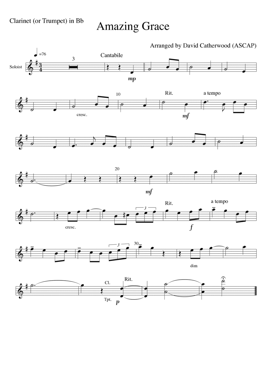 Amazing Grace - arranged for Bb Clarinet soloist with Piano (Also suitable for Trumpet) (arr. David Catherwood)