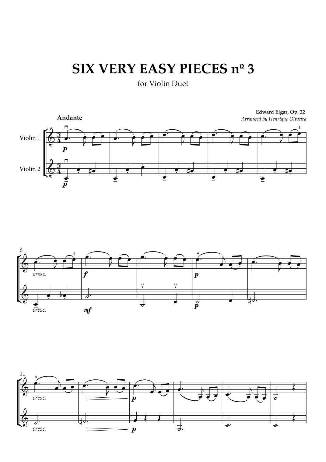 Six Very Easy Pieces nº 3 (Andante) - Violin Duet (arr. Henrique Oliveira)