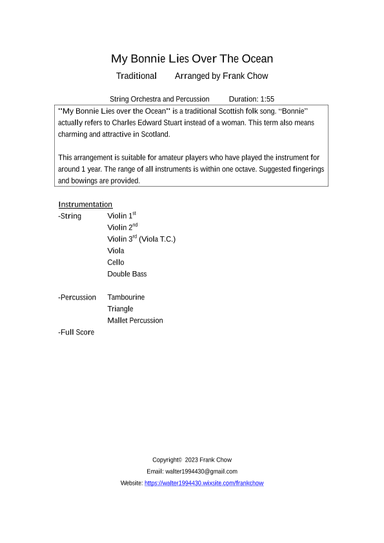 My Bonnie Lies Over The Ocean (for string orchestra and percussion) (arr. Frank Chow)