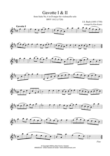 Gavotte 1 & 2 BWV 1012 for flute or violin solo (arr. K. Krantz)