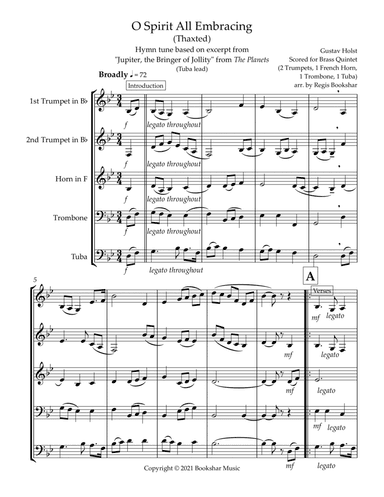 O Spirit All-Embracing (Thaxted) (Bb) (Brass Quintet - 2 Trp, 1 Hrn, 1 Trb, 1 Tuba) (Tuba lead) (arr. Regis Bookshar)