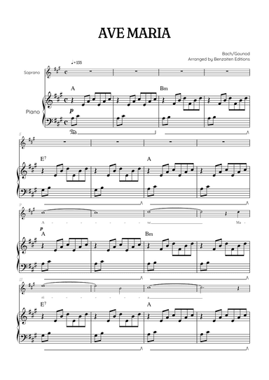 Bach / Gounod Ave Maria in A Major • soprano sheet music with piano accompaniment with chords (arr. Benzaiten Editions)