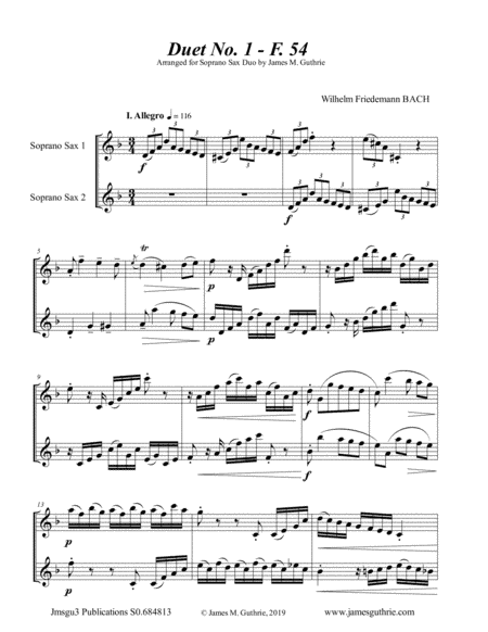 WF Bach: The Six Duets Complete for Soprano Sax Duo (arr. James M. Guthrie, ASCAP)