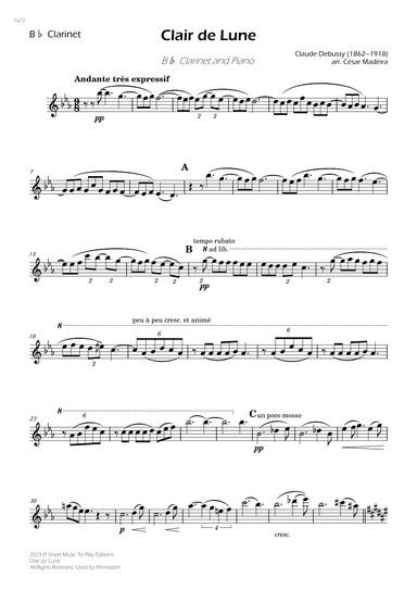 Clair de Lune by Debussy - Bb Clarinet and Piano (Individual Parts) (arr. César Madeira)