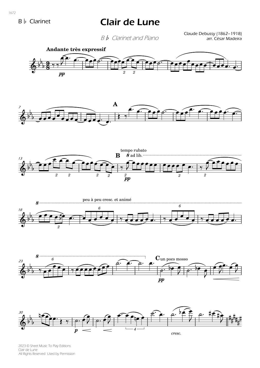 Clair de Lune by Debussy - Bb Clarinet and Piano (Individual Parts) (arr. César Madeira)