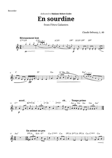 En sourdine by Debussy for Recorder and Chords (arr. Langanho)