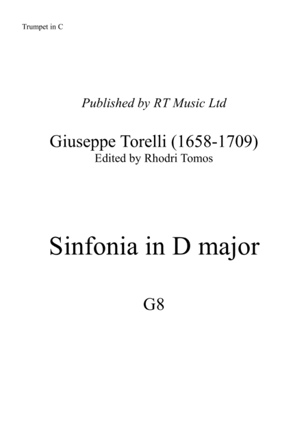 Torelli G8 Sinfonia in D major. Trumpet solo sheet music. (arr. Rhodri Tomos)