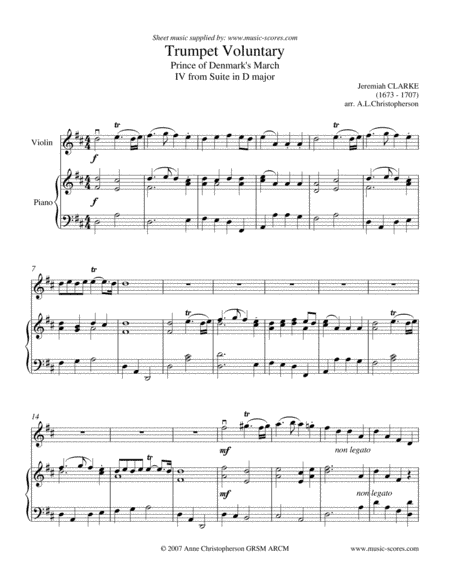 Trumpet Voluntary, or Prince of Denmark's March - Violin and Piano - D major (arr. Anne L Christopherson GRSM ARCM)