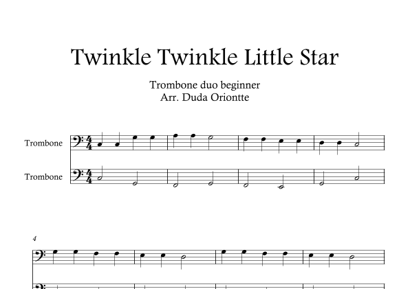 Twinkle Twinkle Little Star DUET (For BEGINNER and kids)   (trombone duo) (arr. Duda Oriontte)