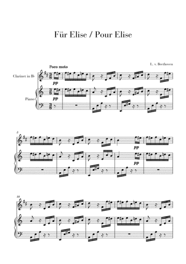 Pour Elise (Für Elise) for Clarinet and Piano (arr. Cadenza Editions)