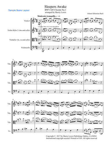 SLEEPERS AWAKE BWV 645 Chorale No.1 String Trio, Intermediate Level for 2 violins and cello or violi (arr. Sherry Lewis)